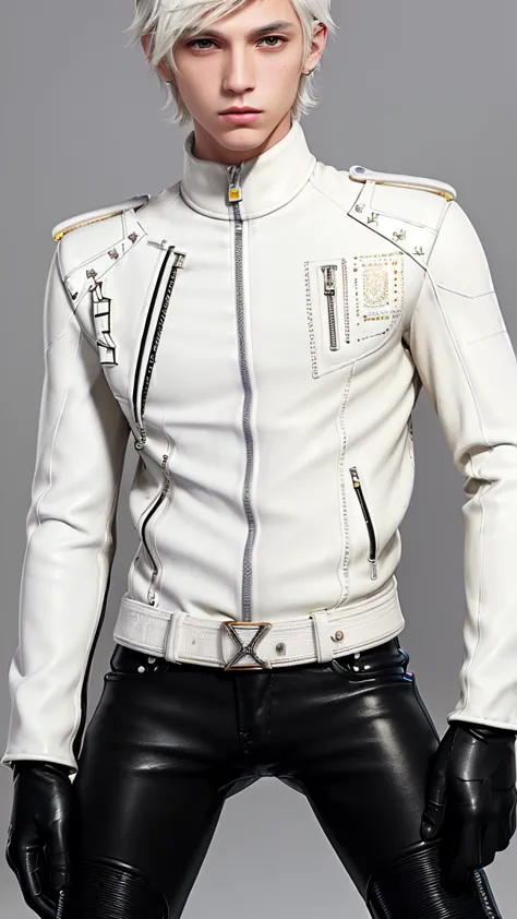 ((Final fantasy taste and reality graphics)), ((Japanese young cute and cool ikemen  boy)), his age is early 20s, thin eyebrows and beady eyes,, (((((boy wearing cream-white color thick leather, and single-brest double zipper jacket))))), ,(((((leather jac...