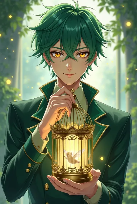 Anime, Male, attractive, green hair, golden eyes, magic usee, holding a small birdcage, cute fairy inside birdcage, 