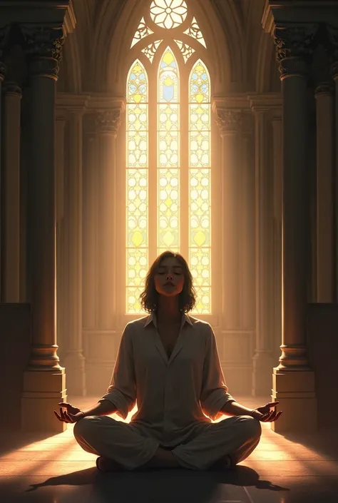 A peaceful scene of a person sitting in a quiet chapel, eyes closed, hands clasped, as a warm light embraces them, signifying spiritual serenity.