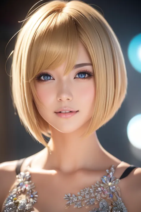  best quality, 32K,  RAW Photo,  is unbelievably ridiculous,  extremely detailed, A neat and cute beauty,  flowing layered short bob cut,  Professional Lighting 