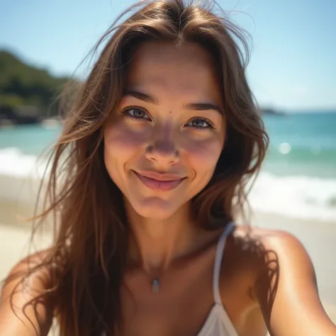  A realistic selfie like for Instagram, Of a brown-haired girl, that it is not so far away from the camera and that nature is behind, Beach wave type