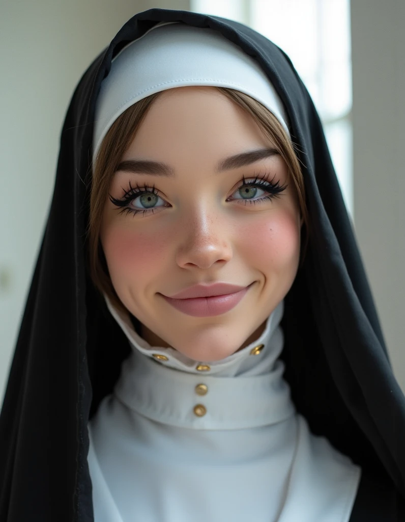  nun costume,  high resolution,  super detailed,  best quality, Breasts,  smile,  blue eyes, 