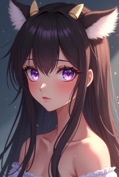 anime, brown skin, fluffy lamb ears, round horns, purple eyes, young woman