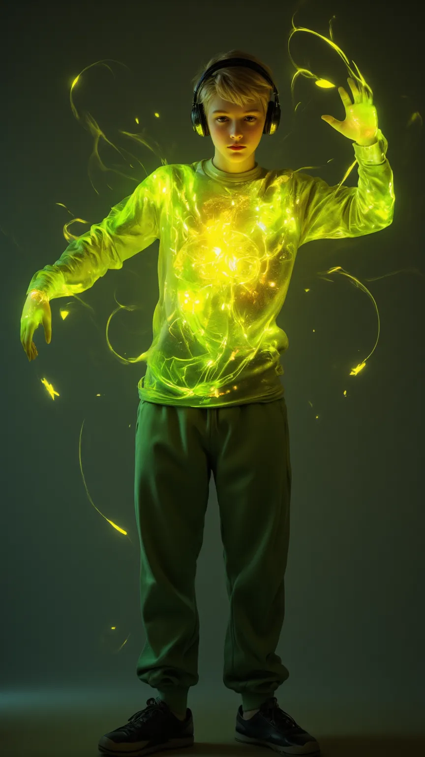  A young Ukrainian teen ， Blonde Hair，Sweatpants ，wearing headphones， shows a bright yellow-green tone LED painting under a smooth black gray background。