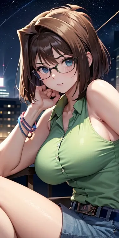  1 female, high definition, high resolution,  ultra-realistic  ,8K, aamazaki, ( hair antenna:1.2),  green shirt glasses,   Sleeveless , bracelet,  belt,  blue shorts,European,sexy, breast {x} Close-up of the upper body,  photographed from the front , Dynam...