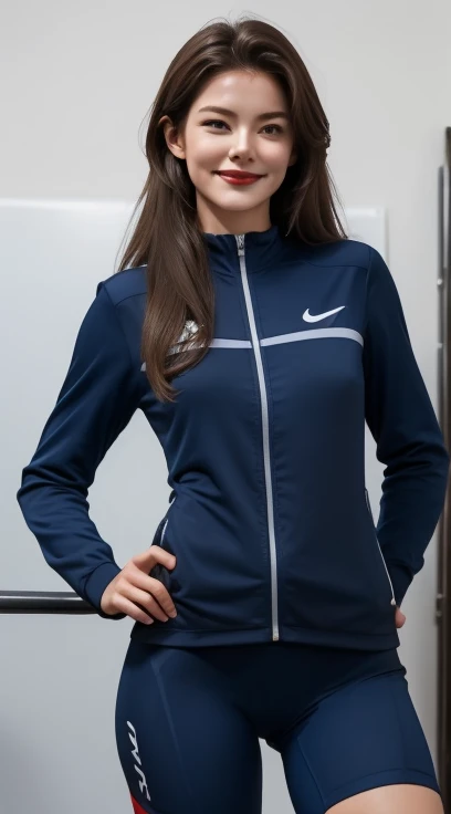 woman , long hair brown, normal, she is solo, from alternative world ,best quality, realistic, cycling full (navy blue) colors suit and cycling sports shorts, she is stand , smile, red lipstick 