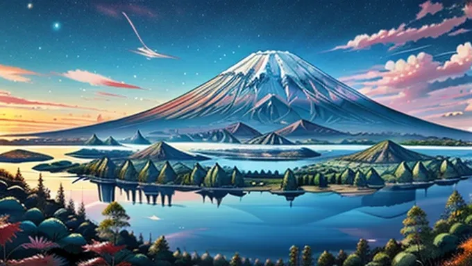 Mount Fuji, Godzilla attacking, apocalyptic future, overlooking a lake, dreamlike fantasy, magical creatures, windy atmosphere, high details, hyper-realistic