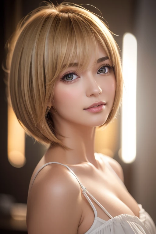  best quality, 32K,  RAW Photo,  is unbelievably ridiculous,  extremely detailed, A neat and cute beauty,  flowing layered short bob cut,  Professional Lighting 