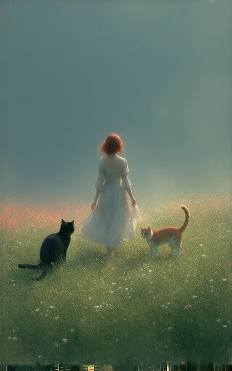  An enchanting and romantic scene :

 In the center of the image , One with vibrant red hair walks barefoot through a vast flowery field.  Her dress is of a soft moss tone , fluttering,  with light fabric that moves in the breeze .  It transmits serenity a...