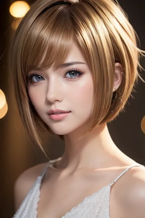  best quality, 32K,  RAW Photo,  is unbelievably ridiculous,  extremely detailed, A neat and cute beauty,  flowing layered short bob cut,  Professional Lighting 