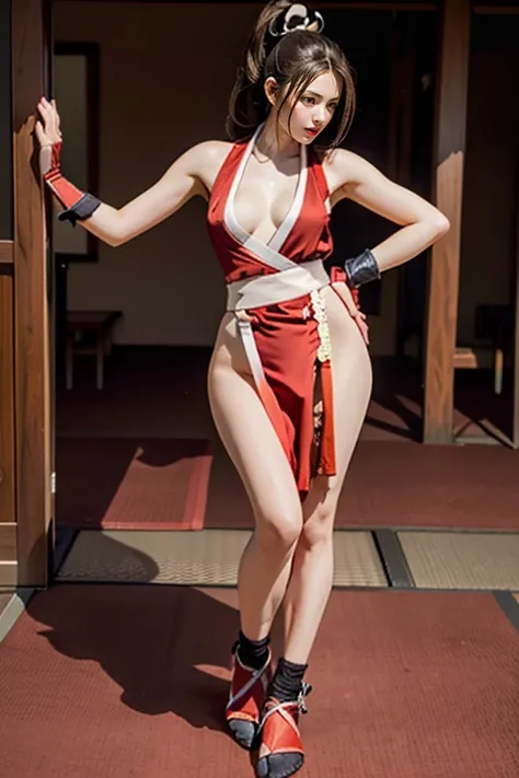 mai shiranui, (black satin tabi:1.4), (Full body:1.4), (Photo realistic:1.2), (masterpiece:1.2), (Best Quality), (ultra-detailliert), (8K, 4K, Convoluted), (Flat Lighting:1.2), (skinny), Prestige, Brown eyes, Long hair, brown eyes, long hair, brown hair, w...