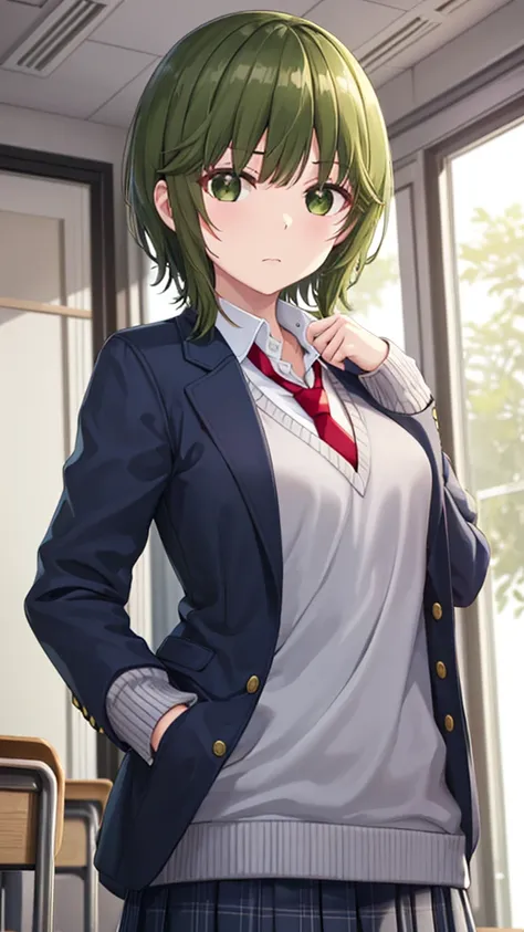 Masterpieces, Best Quality, girl, looking at viewer, isanahigashira, isana higashira, short hair, bangs, (green eyes:1.3), green hair, shirt, long sleeves, school uniform, jacket, white shirt, open clothes, necktie, sweater, open jacket, blazer, red neckti...