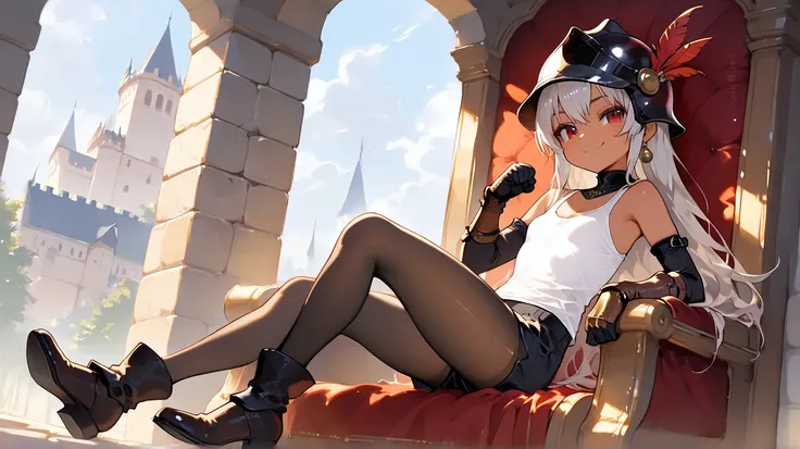 a dwarf size joyful physically thick young short dark skin small-sized girl, with short silver hair and red eyes wearing a medieval helmet with a red feather and medieval full arm gauntlets and knee height tights and a short white tank top and black shorts...