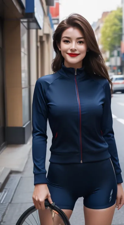 woman , long hair brown, normal, she is solo, from alternative world ,best quality, realistic, cycling full (navy blue) colors suit and cycling sports shorts, she is stand , smile, red lipstick 