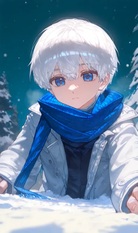 1boy, , , (ciloranko:0.9), lack,foreshortening, white hair,closed mouth, blue eyes,solo , cinematic, masterpiece, best quality, good quality, newest, highres, absurdres,shota,snowing,backyard background,blue scarf,white jacket,snow on ground, 