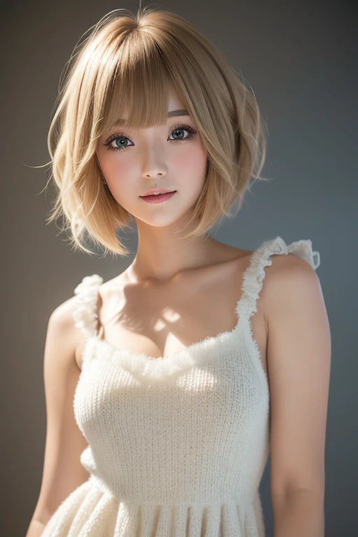  best quality, 32K,  RAW Photo,  is unbelievably ridiculous,  extremely detailed, A neat and cute beauty,  flowing layered short bob cut, wearing loose and fluffy knit dress, slender,  Professional Lighting 