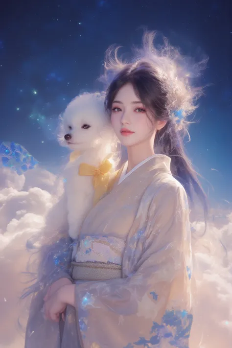 ( best quality、 high definition、 Masterpiece:1.4)、8k、 kimono、 Spirit of the Wind、 serene atmosphere 、 1 girl、 well-balanced figure 、 gentle smile、 White Beautiful Skin 、Glowing detailed eyes、 moist lips、 very long hair、 dark hair、 shiny detailed hair、詳細で美し...