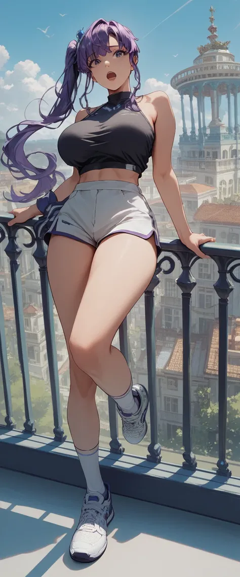  costume,   High Quality,   masterpiece, Very detailed,   High Quality,   high resolution,   big breasts,   long hair,  purple hair,  side ponytail  ,  spectator view ,  open mouth, black top, Shorts Negros , white tennis shoes, socks, balcony