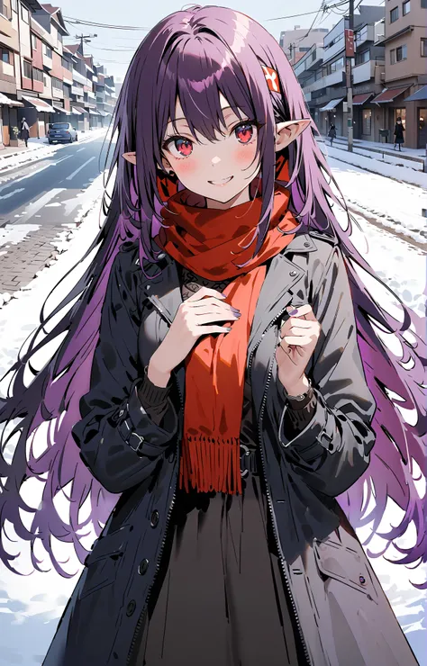  yuukiKonno, Konno Yuuki,  headband,  long hair,   pointed ears ,  purple hair,  red eyes,smile,blush, close your mouth, red scarf,purple down coat ,Black long skirt, Bbo~, standing,snow,building,whole bodyがイラストに入るように,
break outdoors, City,
break looking a...