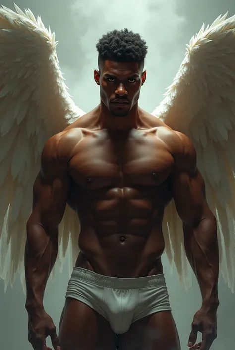  black man, with wings, seductive,  shirtless underwear (bare chest)