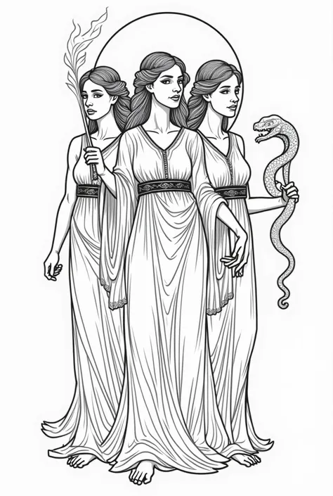 create an art : 1.  Image of the goddess Hecate from Greek mythology that ,  among other things ,  is represented by three women holding the elements: torch, Key and serpent . 
2.  Style as if drawn in black line art
3 . image without background