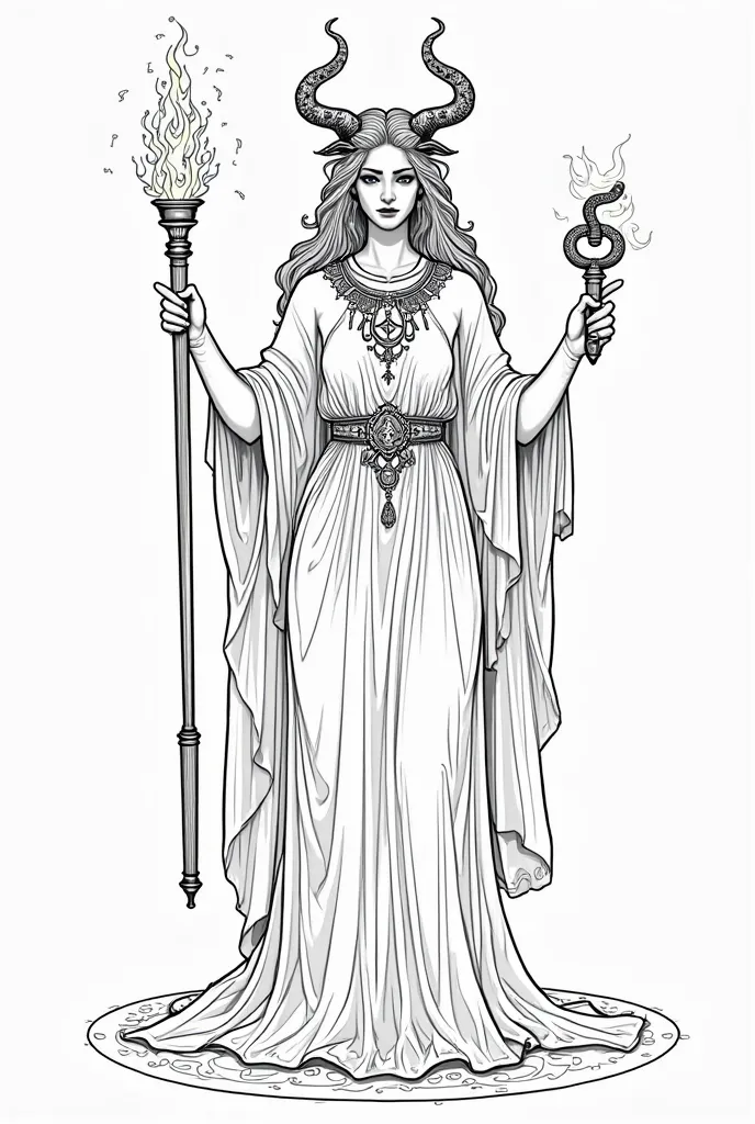 create an art : 1.  Image of the goddess Hecate from Greek mythology that ,  among other things ,  is represented by three women holding the elements: torch, Key and serpent . 
2.  Style as if drawn in black line art
3 . image without background