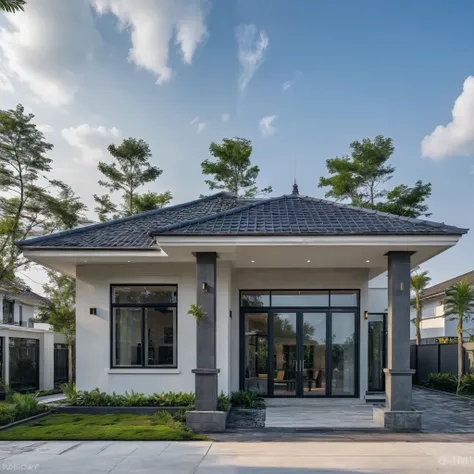 (masterpiece:1.2), best quality, photo of A two-story modern house with white walls and dark tiles on the roof, tree and plant, streetcapes, natural light, The exterior of an elegant single family home features large windows, a dark gray door frame, dynami...
