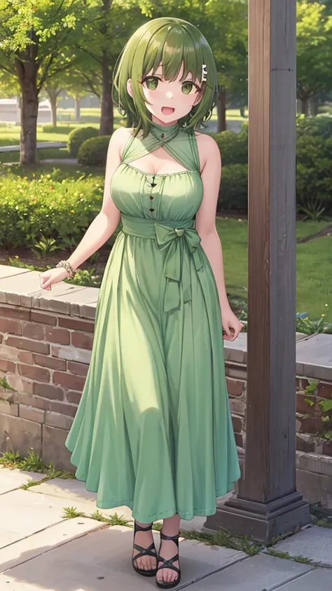 Masterpieces, Best Quality, girl, looking at viewer, isanahigashira, isana higashira, short hair, bangs, (green eyes:1.3), green hair, large breasts, princess connect Re:Dive cosplay, princess Dress, standing, smile, open mouth, outdoors 