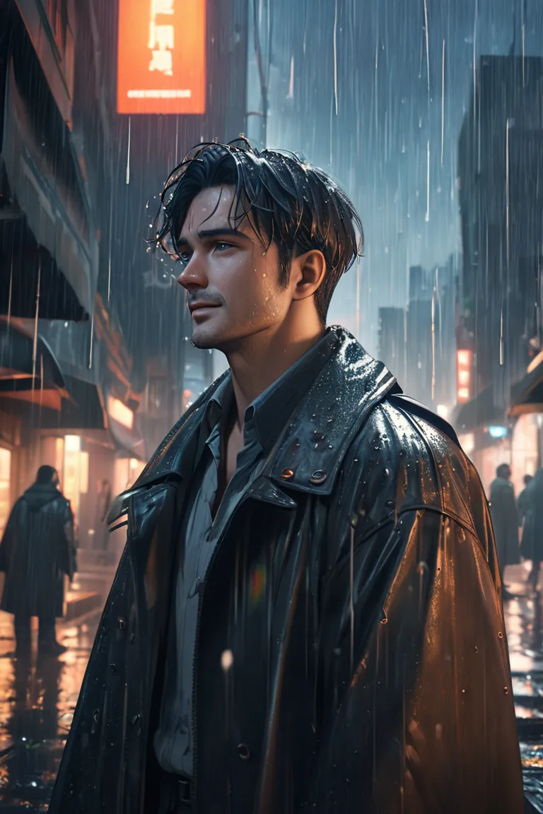 8K, award winning photography,  trend in ArtStation,  foliage,   Cinematic lighting  , western, dystopian city ( it's raining), a man, The rain falls on your face,  30-Year-Old Men's , man looking at the sky, Man has a nostalgic look, Man has a small smile...