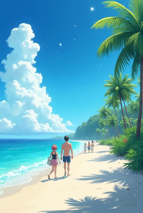 Beautiful beach with people walking around in anime