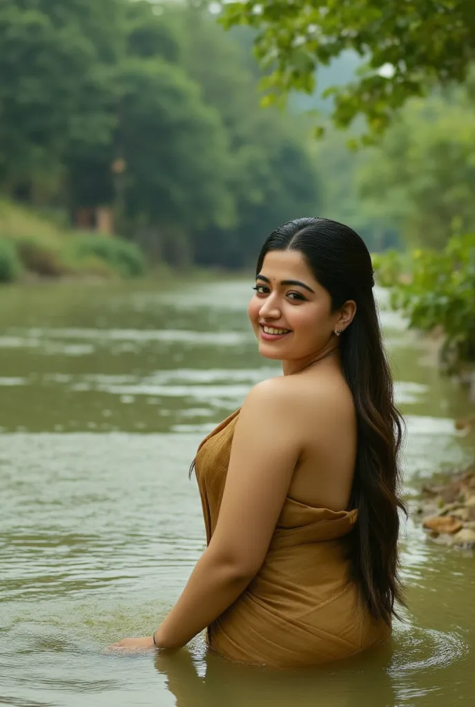 Dusky hot chubby village girl in saree bathing in shallow green river water above her chest 