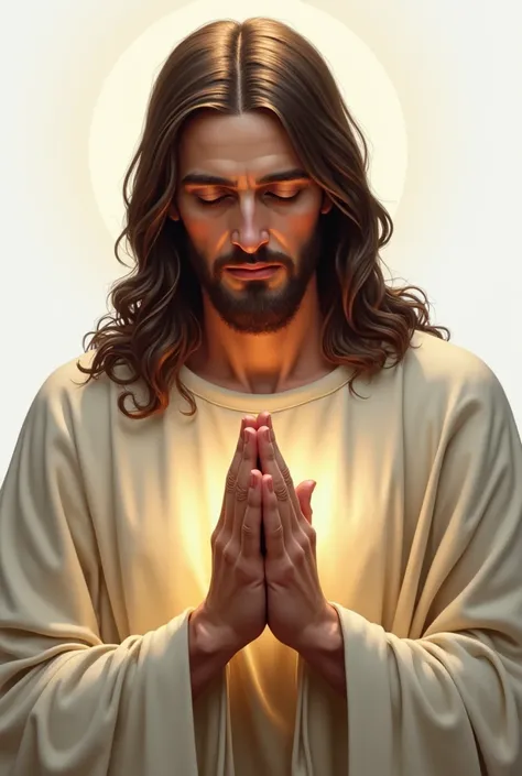 an illustration of Jesus Christ in a prayerful posture. Please ensure the following details are included: - Eyes: (should be closed) - Hands: (in a prayer position) - Background: (none, focus solely on the figure) Keep in mind the need for a respectful rep...