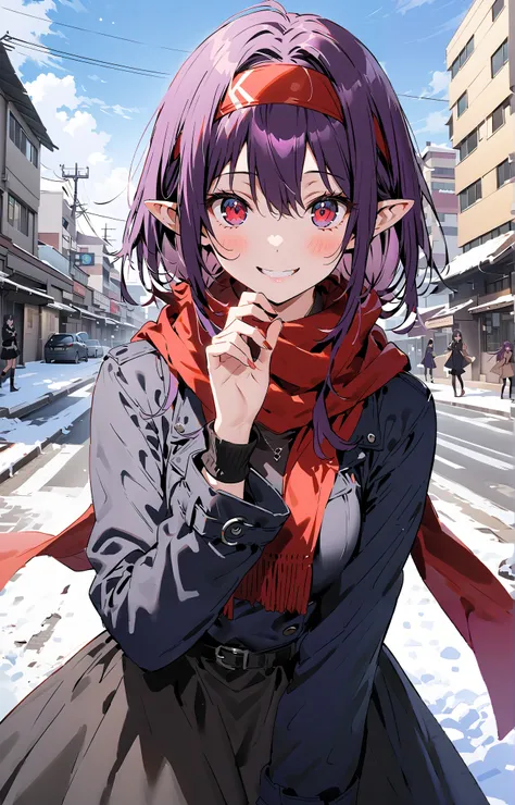  yuukiKonno, Konno Yuuki,  headband,  long hair,   pointed ears ,  purple hair,  red eyes,smile,blush, close your mouth, red scarf,purple down coat ,Black long skirt, Bbo~, standing,snow,building,whole bodyがイラストに入るように,
break outdoors, City,
break looking a...