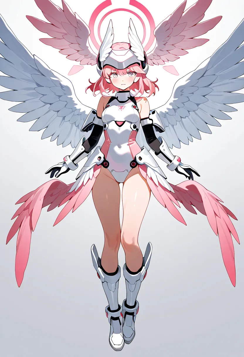 Real Factor , 1girl , ((wings on the head )),  white futuristic armor, thighs, fringe,  white mittens ,  small breasts, (((feathered wings on the head))),  medium hair, fringe,  pink hair,  white wings with pink shadows on the head, angel winged helmet ,  ...