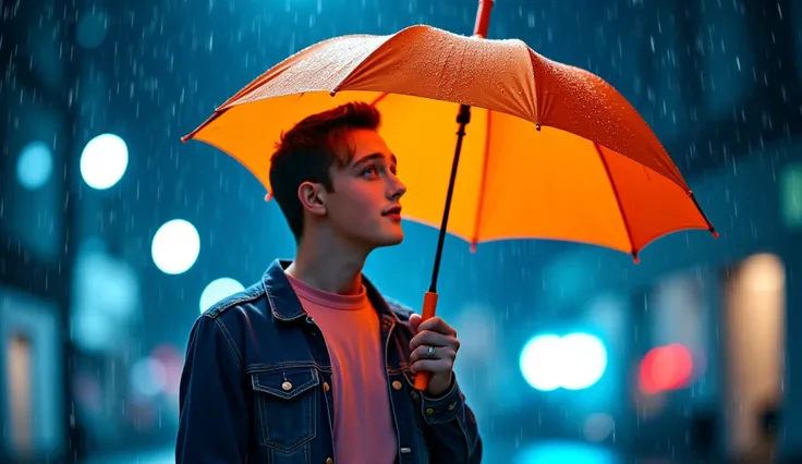 A Man wearing a denim jacket and a pink T-shirt,Holding an orange umbrella on a rainy blue night, light hits the umbrella and raindrops.,Standing and singing,On the city streets at night, the atmosphere is quiet.