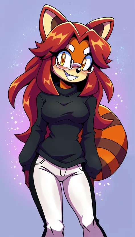 masterpiece, best quality, 1girl, anthro, furry, Mobian, fur, fluffy fur, red panda girl, furry, red panda ears, animal nose, cute eyes, yellow eyes, red panda tail, red hair, medium hair, long hair, solo, (simple background), detailed, black sweater, whit...
