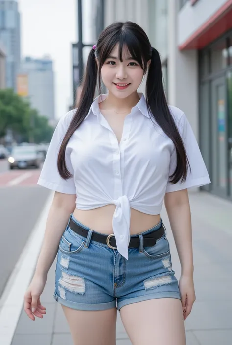 A busty woman wearing a shirt tied at the waist and raw short jeans, grinned sweetly at the camera. She has 2 color pigtails, long straight black hair with bangs, contrasting pale skin, city background