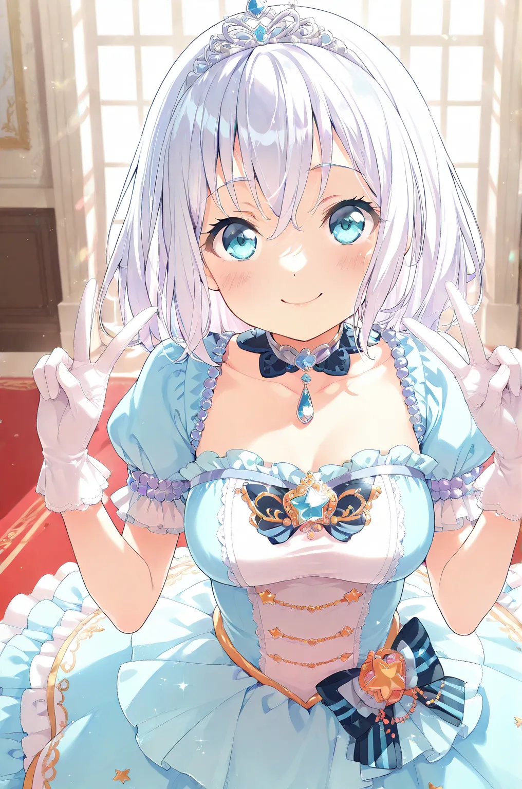 1girl, solo, kurata mashiro,white hair,short hair,blue eyes, {{medium breasts}}, {{{large breasts}}}, {{{smile}}}, {{{{masterpiece}}}}, {{{best quality}}}, {{{high quality}}}, {{{smile}}}, {{{princess costume}}}, {{{{{puff sleeve}}}}}, {{{princess}}}, {{{f...