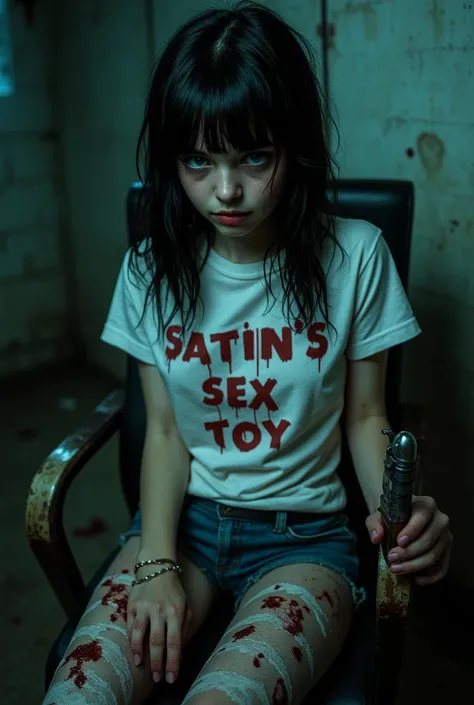 A blue-eyed American ager with crazy black hair, pale skin, oversized T-shirt reaching down to her thighs, that says “Satin’s Sex Toy” in blood, small pointy breasts, and ripped up lace tights underneath, perfect body, serious face, sharp facial features, ...