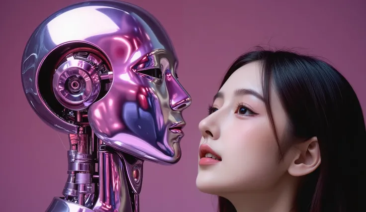 "A futuristic photoshoot featuring a beautiful woman with long, dark brown hair styled sleek and straight, slightly wet to give a glossy effect. She gazes intensely at a shiny, metallic humanoid robot head with intricate mechanical details and reflective c...