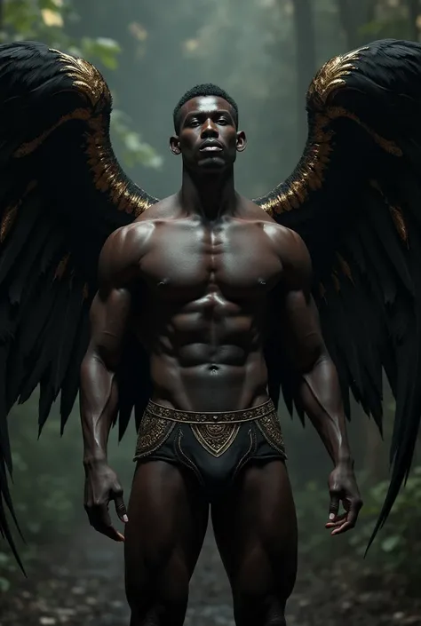  black man, with black wings and golden tips, seductive,  shirtless underwear (bare chest), vests vesdes