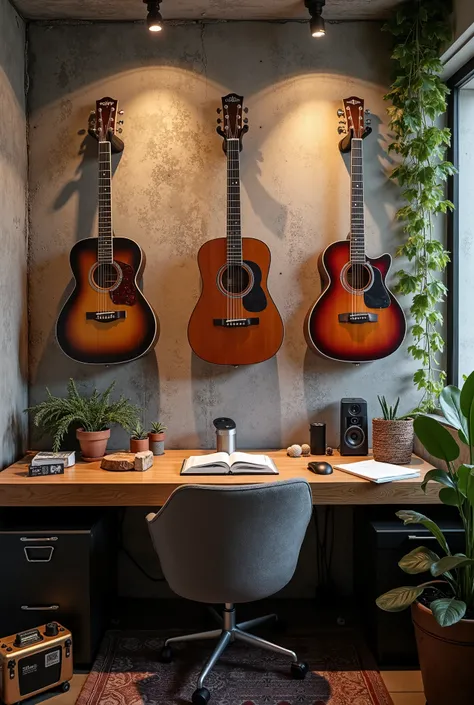 A study room for a musician with 3 guitars on the wall that the wall is made of apparent concrete