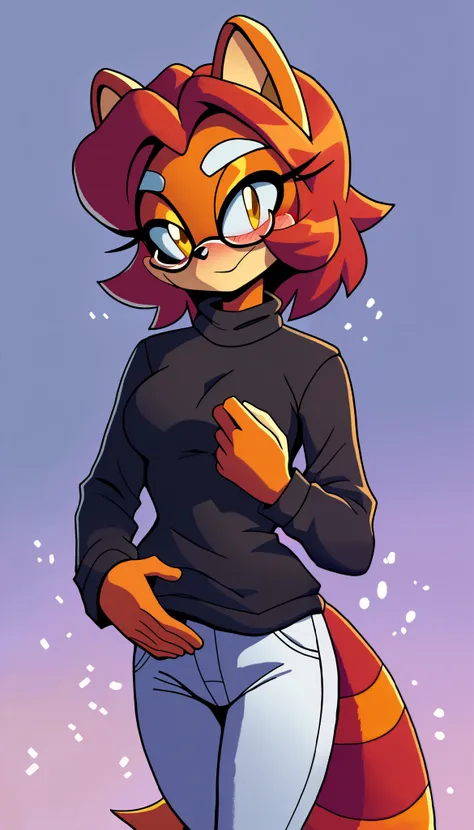masterpiece, best quality, 1girl, anthro, furry, Mobian, fur, fluffy fur, red panda girl, furry, red panda ears, animal nose, cute eyes, yellow eyes, red panda tail, red hair, medium hair, long hair, solo, (simple background), detailed, black sweater, whit...