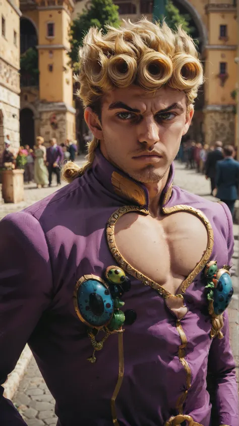 Man , background is italy ,The character has a distinctive appearance with bright yellow ,hair. The character's skin is fair, and the facial expression is serious, with sharp eyes and defined features. The outfit is a form-fitting, purple suit with a heart...