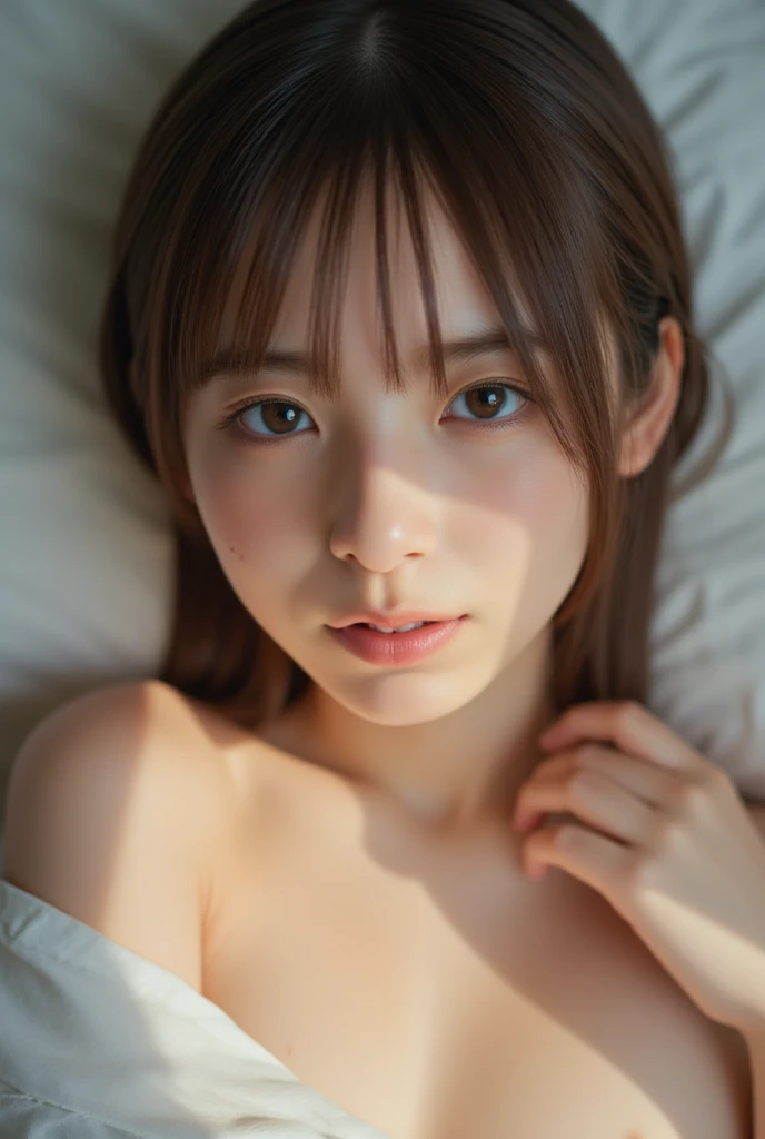 A high-resolution photograph of a Japanese young woman; 8k; masterpiece; best quality; detailed description; photo-realistic; natural indoor lighting; 1girl; light-brown hair; completely bare body; wearing nothing but bare; bare chest visible; (mouth open)...