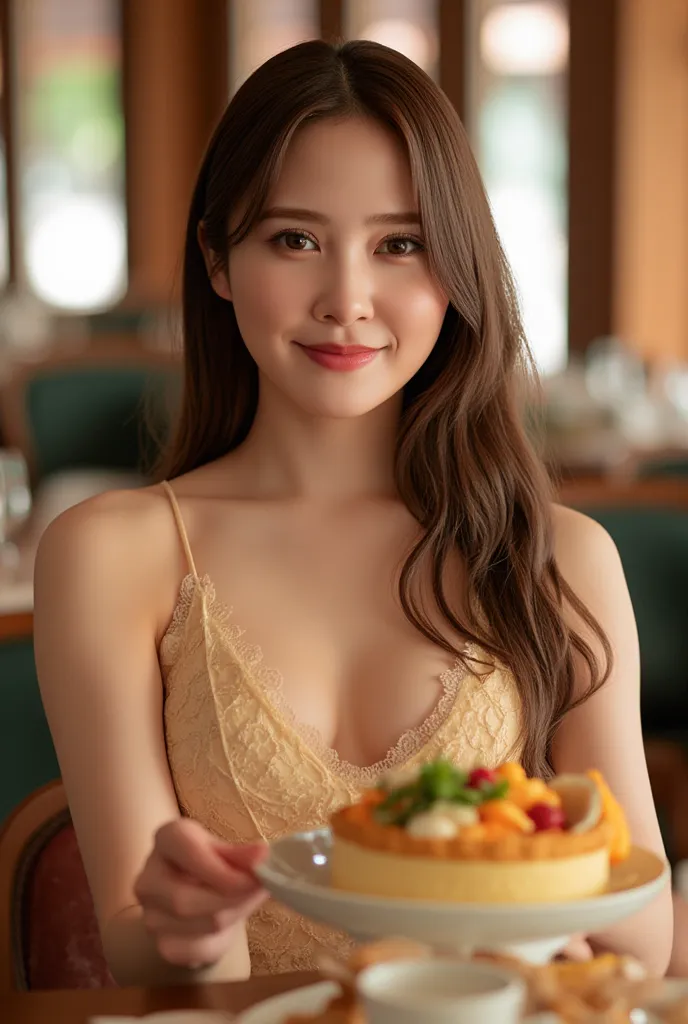   natural cosmetics,  beautiful eyes , Lips wet with gloss,  very big breasts , cute one-piece dress,  cute smile,  full body,  luxury hotel restaurant,(buffet),breakfast,  bright room