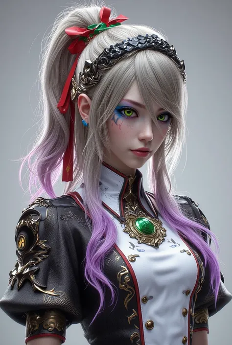 Full body image of a 21-year-old young woman with Japanese features .  has long hair,  tongue reaches up to your legs,  hairstyle in a ponytail adorned with a red ribbon with emerald green and a tiara of black scales with gold details,  the hair is ash blo...