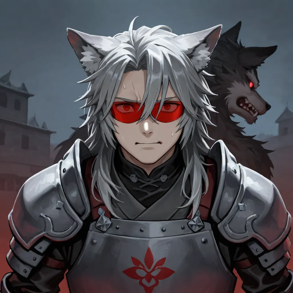 Semi-human male werewolf long gray hair, with fear ,  red eyes, Japanese gray armor with shades of red ,  wolf ears, Back background some Japanese-style houses  