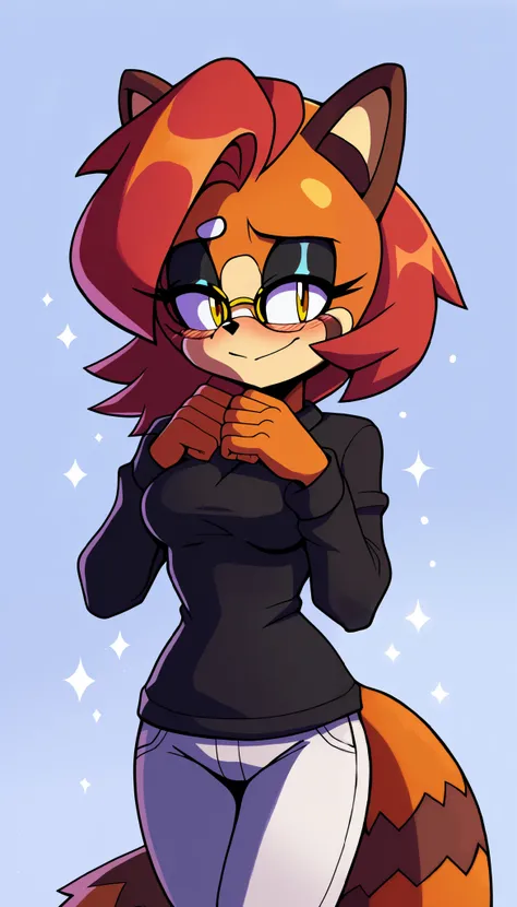 masterpiece, best quality, 1girl, anthro, furry, Mobian, fur, fluffy fur, red panda girl, furry, red panda ears, animal nose, cute eyes, yellow eyes, red panda tail, thick and fluffy tail, red hair, medium hair, long hair, solo, (simple background), detail...