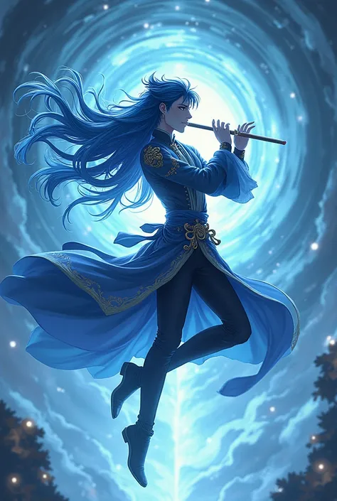 Create an anime-style image ,  of a handsome, long-haired swordsman with blue skin. Playing with a flute, leaping fly